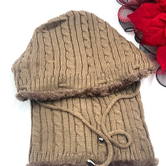 New Winter Unisex Knit Hoodies Scarf With Fur Hats, light brown - Picture 2 of 10